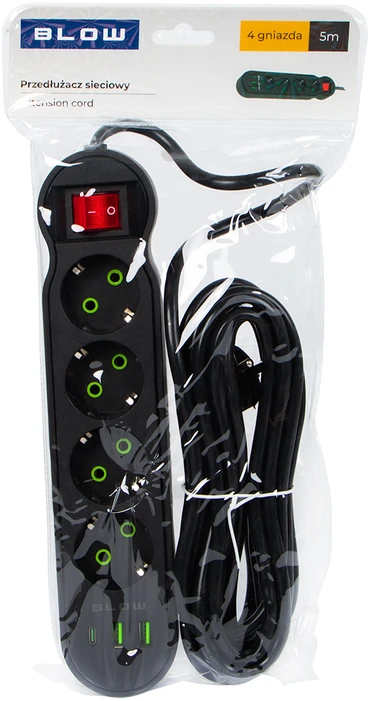 Blow PS-440 maitinimo prailginimo kabelis su 4 lizdais, 2xUSB+USB-C, 5m, juodas, 3x1mm
