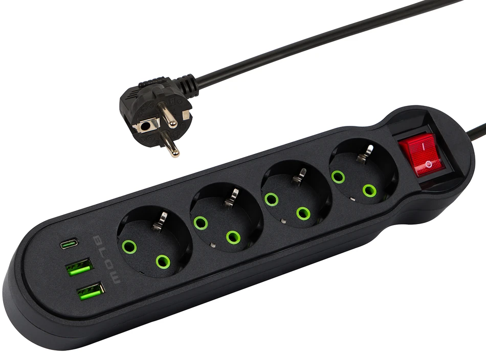Blow PS-440 maitinimo prailginimo kabelis su 4 lizdais, 2xUSB+USB-C, 5m, juodas, 3x1mm