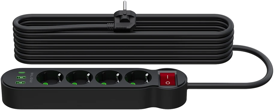 Blow PS-440 maitinimo prailginimo kabelis su 4 lizdais, 2xUSB+USB-C, 5m, juodas, 3x1mm