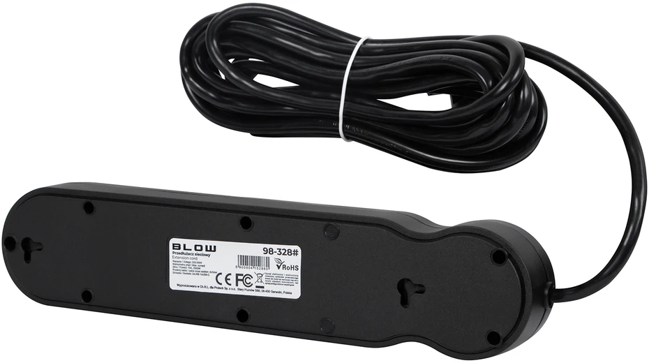 Blow PS-440 maitinimo prailginimo kabelis su 4 lizdais, 2xUSB+USB-C, 5m, juodas, 3x1mm