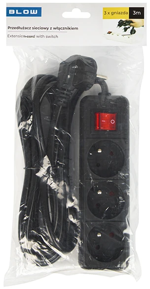 Blow PR-370WSP maitinimo ilgintuvas 3 lizdai su įžeminimu + jungiklis 3m juodas 3x1.5mm