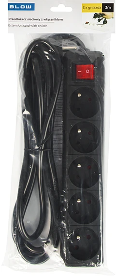 Blow PR-570WSP 5 lizdų maitinimo ilgintuvas su įžeminimu + jungiklis 3m juodas (3x1.5mm)