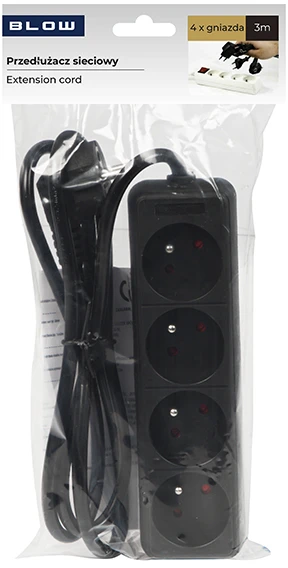 Blow PR-470P tinklo ilgintuvas 4 lizdai su įžeminimu 3m juodas 3x1.5mm