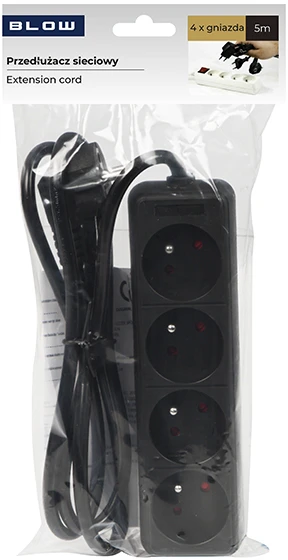 Blow PR-470P tinklo ilgintuvas 4 lizdai su įžeminimu 5m juodas 3x1.5mm