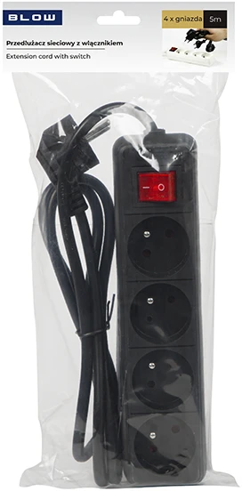 Blow PR-470WSP ilgintuvas 4 lizdai su įžeminimu + jungiklis 5m juodas 3x1.5mm