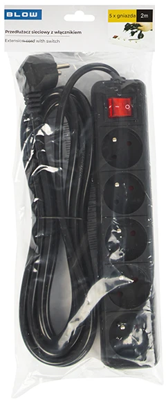 Blow PR-570WSP 5 lizdų maitinimo ilgintuvas su įžeminimu + jungiklis 2m juodas 3x1.5mm