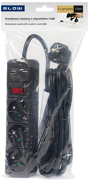 Blow DAUGIALIZDIS LAIDO ILGIKLIS PR-1.5M-3G-SW/USB/B (3 LIZDAI + 2 USB) 1.3 m