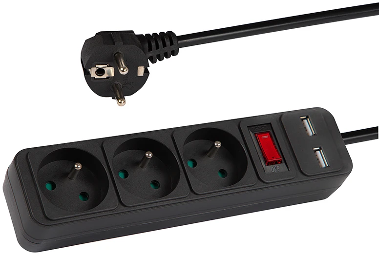 Blow DAUGIALIZDIS LAIDO ILGIKLIS PR-1.5M-3G-SW/USB/B (3 LIZDAI + 2 USB) 1.3 m