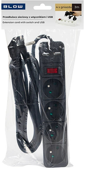 Blow PR-470WSP/USB 4 lizdų maitinimo prailgintuvas + USB su įžeminimu + jungikliu 3 m Juodas 3x1.5mm