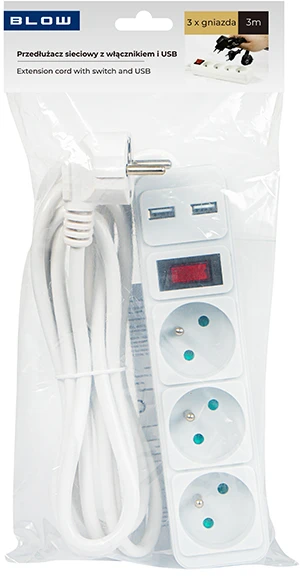 Blow PR-370WSP/USB 3 lizdų maitinimo prailgintuvas + USB su įžeminimu + jungikliu 3x1.5mm 3m baltas