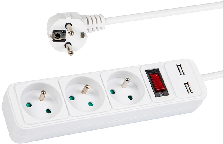 Blow PR-370WSP/USB 3 lizdų maitinimo prailgintuvas + USB su įžeminimu + jungikliu 5m BALTA 3x1.5mm