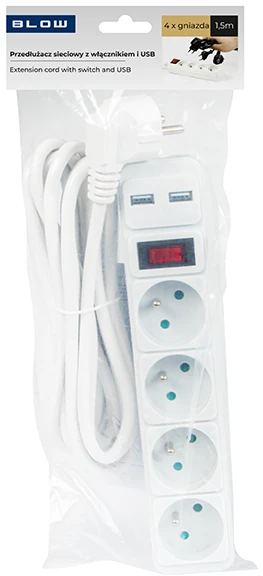 Blow PR-470WSP/USB tinklo prailginimo kabelis 4 lizdai+USB su įžeminimu+jungiklis 1.5m BALTA 3x1.5mm