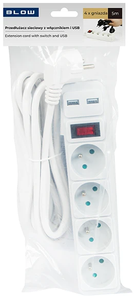 Blow PR-470WSP/USB tinklo ilgintuvas 4 lizdai+USB su įžeminimu+jungiklis 5m Baltas 3x1.5mm