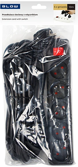Blow PR-570WSP prailgintuvas, 5 lizdų su įžeminimu + jungikliu, 10 m, juodas (3x1.5 mm)