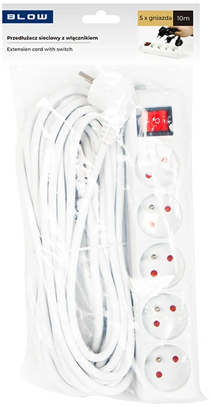 Blow PR-570WSP prailgintuvas, 5 lizdų su įžeminimu + jungikliu, 10 m, baltas (3x1.5 mm)