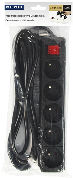 Blow PR-570WSP prailgintuvas, 5 lizdų, su įžeminimu ir jungikliu, 1.5 m, juodas, 3x1.5 mm