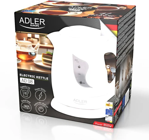 Adler AD 08 Standartinis virdulys, Plastikas, Baltas, 850 W, 1 L, 360° sukamasis pagrindas