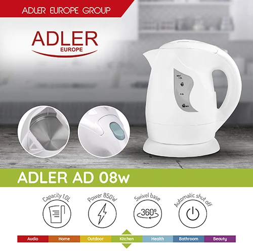 Adler AD 08 Standartinis virdulys, Plastikas, Baltas, 850 W, 1 L, 360° sukamasis pagrindas