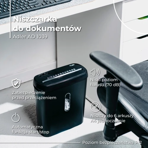 Adler dokumentų smulkintuvas | AD 1039 | Juodas | 8 l | 70 dB | Juostomis pjaustomas