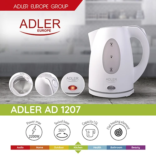 Adler | Virdulys | AD 1207 | Standartinis | 2000 W | 1,5 l | Plastikas | 360° sukamasis pagrindas | Baltas