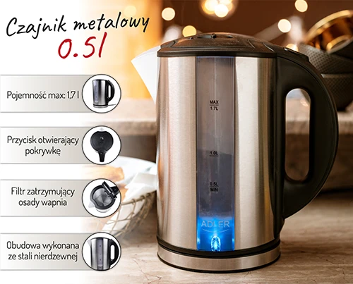 Adler | Virdulys | AD 1216 | Standard | 2000 W | 1.7 L | Nerūdijantis plienas | 360° rotational base