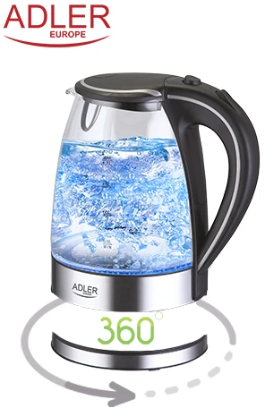 Adler | Virdulys | AD 1225 | Standard | 2000 W | 1.7 L | Glass | 360° rotational base | Nerūdijantis plienas/Transparent