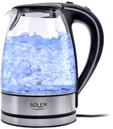 Adler | Virdulys | AD 1225 | Standard | 2000 W | 1.7 L | Glass | 360° rotational base | Nerūdijantis plienas/Transparent