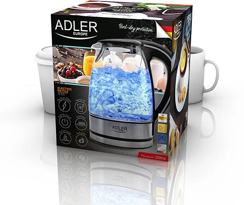 Adler | Virdulys | AD 1225 | Standard | 2000 W | 1.7 L | Glass | 360° rotational base | Nerūdijantis plienas/Transparent