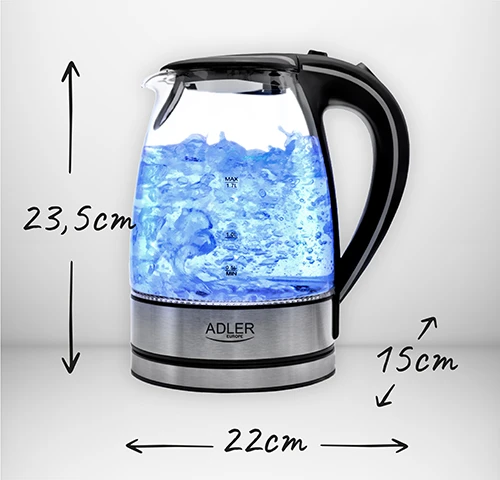 Adler | Virdulys | AD 1225 | Standard | 2000 W | 1.7 L | Glass | 360° rotational base | Nerūdijantis plienas/Transparent