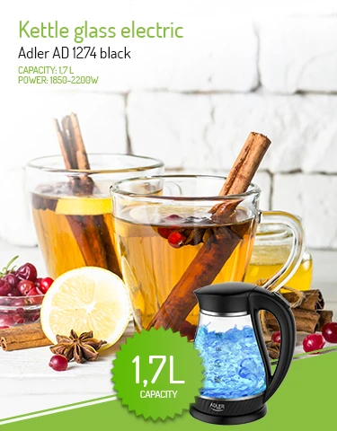 Adler Virdulys AD 1274 Standartinis, Plastikas, stiklas, Juodas/ skaidrus, 2200 W, 360° sukamasis pagrindas, 1,7 L