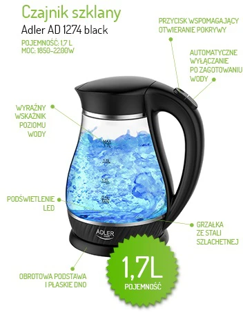 Adler Virdulys AD 1274 Standartinis, Plastikas, stiklas, Juodas/ skaidrus, 2200 W, 360° sukamasis pagrindas, 1,7 L