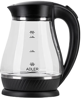 Adler Virdulys AD 1274 Standartinis, Plastikas, stiklas, Juodas/ skaidrus, 2200 W, 360° sukamasis pagrindas, 1,7 L