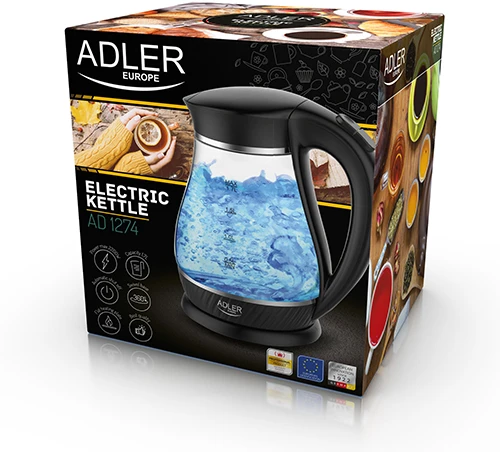 Adler Virdulys AD 1274 Standartinis, Plastikas, stiklas, Juodas/ skaidrus, 2200 W, 360° sukamasis pagrindas, 1,7 L