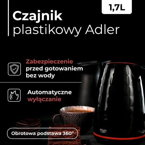 Adler | Virdulys | AD 1277 | Standard | 2200 W | 1.7 L | Plastic | 360° rotational base | Juodas