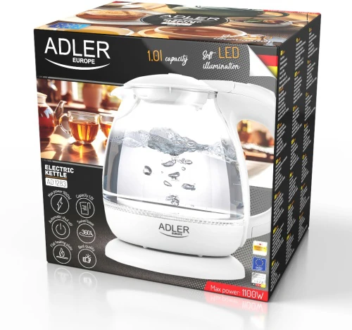 Adler | Virdulys | AD 1283G | Standartinis | 1100 W | 1 L | Plastikas/stiklas | 360° sukamasis pagrindas | Pilkas