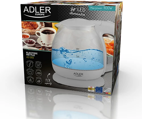 Adler | Virdulys | AD 1283G | Standartinis | 1100 W | 1 L | Plastikas/stiklas | 360° sukamasis pagrindas | Pilkas