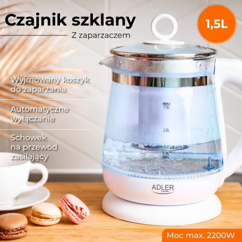 Adler | Virdulys | AD 1299 | Electric | 2200 W | 1.5 L | Glass/Nerūdijantis plienas | 360° rotational base | Baltas