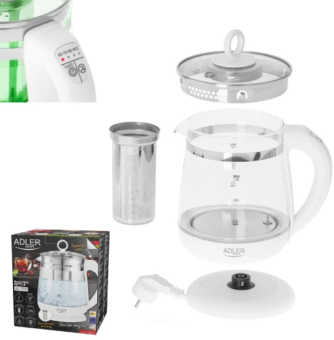 Adler | Virdulys | AD 1299 | Electric | 2200 W | 1.5 L | Glass/Nerūdijantis plienas | 360° rotational base | Baltas