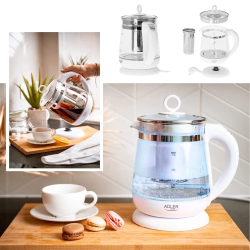 Adler | Virdulys | AD 1299 | Electric | 2200 W | 1.5 L | Glass/Nerūdijantis plienas | 360° rotational base | Baltas