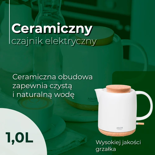 Adler Electric Virdulys | 1304 m. AD | Elektrinis | 1200 W | 1 L | Keramika | 360° sukamasis pagrindas | Baltas