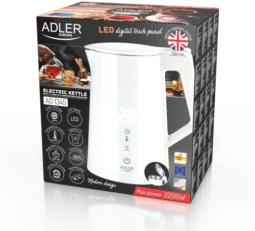 Adler | Virdulys | AD 1343 | Electric | 2200 W | 1.5 L | Nerūdijantis plienas | 360° rotational base | Baltas