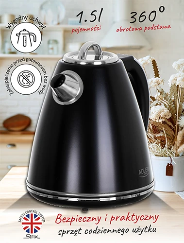 Adler | Virdulys | AD 1343b | Electric | 2200 W | 1.5 L | Nerūdijantis plienas | 360° rotational base | Juodas