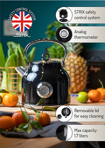 Adler | Virdulys with a Thermomete | AD 1346b | Electric | 2200 W | 1.7 L | Nerūdijantis plienas | 360° rotational base | Juodas