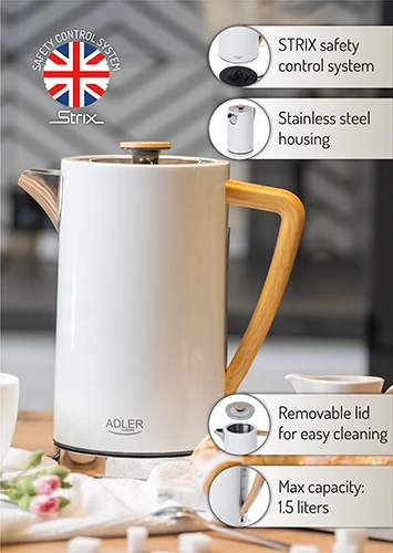 Adler | Virdulys | AD 1347w | Electric | 2200 W | 1.5 L | Nerūdijantis plienas | 360° rotational base | Baltas