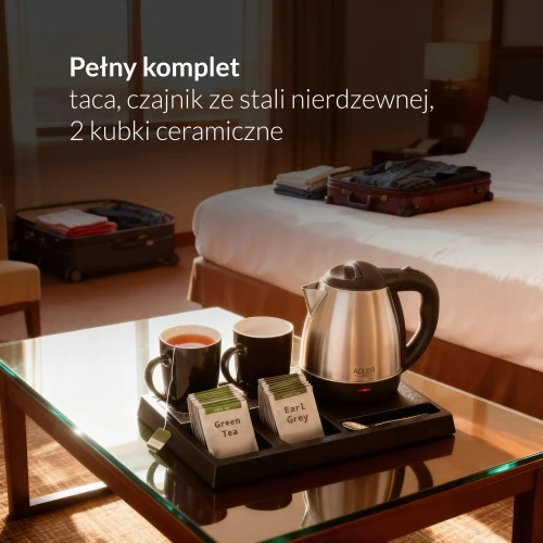 AD 1354 nerūdijančio plieno viešbučio virdulys 1,2 l | pasveikinimo padėklas su puodeliais ir skyreliais