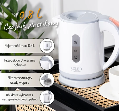 Adler | Virdulys | AD 1371g | Electric | 850 W | 0.8 L | Nerūdijantis plienas/Polypropylene | 360° rotational base | Baltas/Pilkas