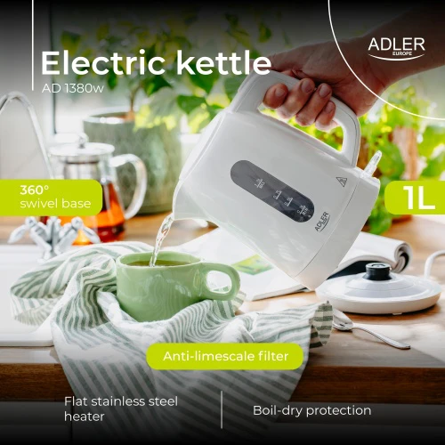 Adler Virdulys | AD 1380 W | Elektrinis | 2200 W | 1 l | Polipropilenas | 360° besisukantis pagrindas | Baltas