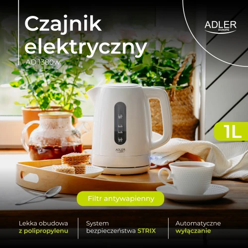 Adler Virdulys | AD 1380 W | Elektrinis | 2200 W | 1 l | Polipropilenas | 360° besisukantis pagrindas | Baltas