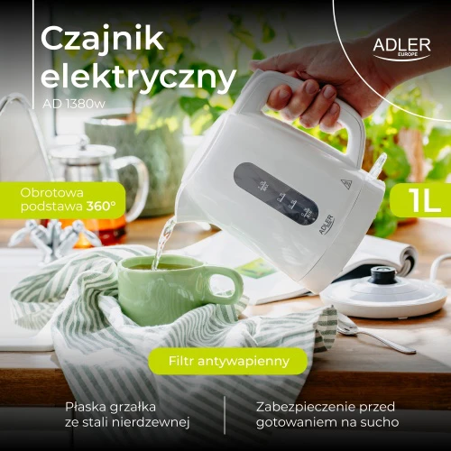 Adler Virdulys | AD 1380 W | Elektrinis | 2200 W | 1 l | Polipropilenas | 360° besisukantis pagrindas | Baltas