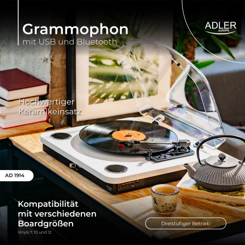 Patefonas Adler AD-1914W su USB ir Bluetooth, baltos spalvos